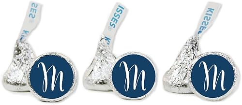 Andaz Press Etiquetas adhesivas personalizadas de gotas de chocolate, se adaptan a recuerdos de fiesta de besos, monograma individual de boda, azul