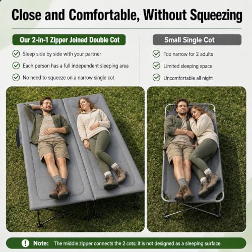 Image of RedSwing 2 Person Camping Cot, Grey with Ultra Light Sleeping Bags 2pcs | Heavy Duty 500lbs, Portable Oversized Folding Queen Size For Double Adult, Indoor Office Outdoor