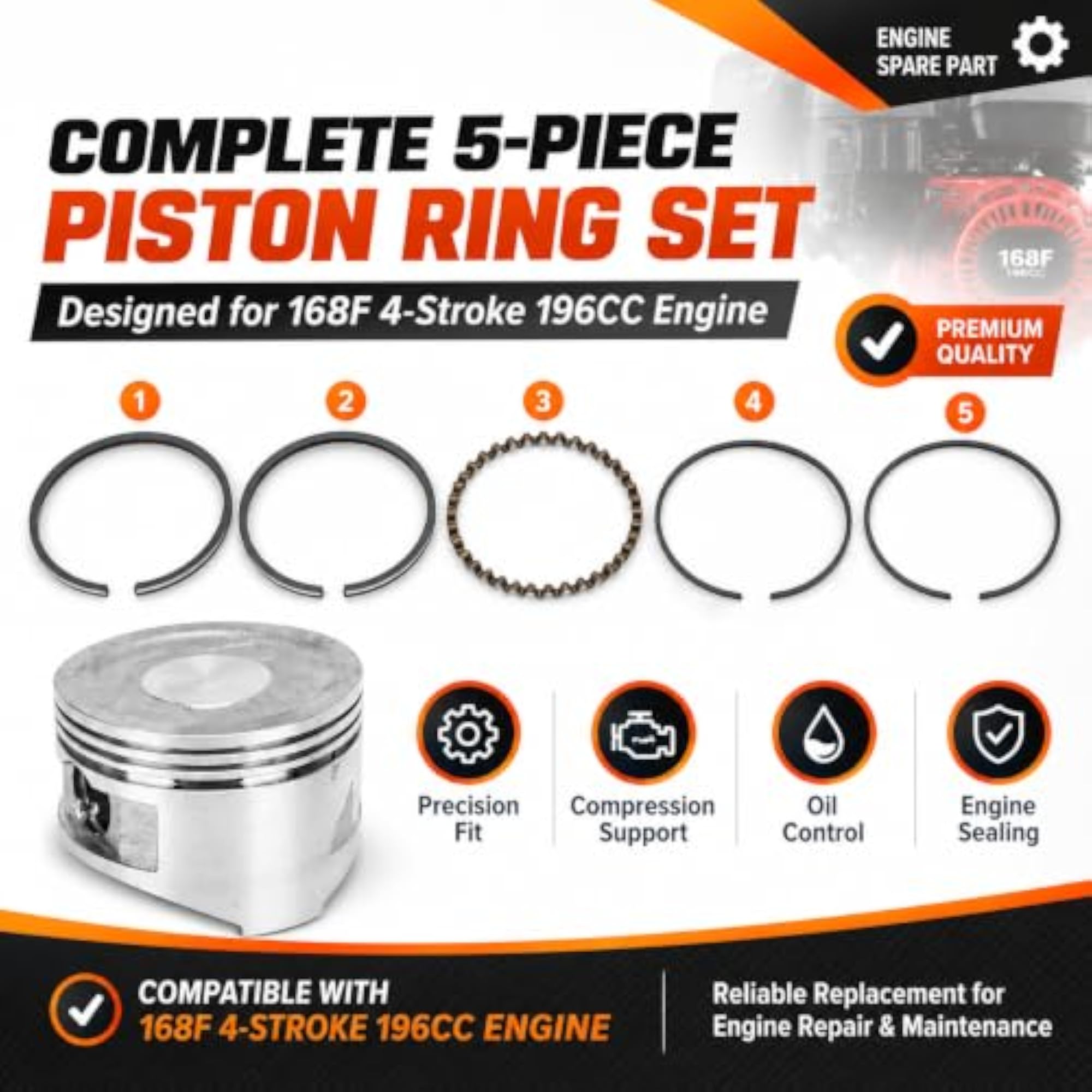 Piston Ring Set for 168F 4-Stroke 196CC Engine