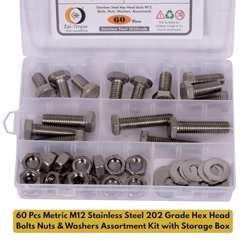 Image of Metric M12 Stainless Steel 202 Grade Hex Head Bolts Nuts & Washers Assortment Kit with Storage Box - 60 Pieces