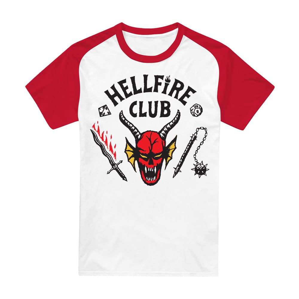 Stranger Things Hellfire Club Raglan Short Sleeve Baseball T Shirt, White/Red, Small