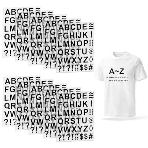 WRTUUED 10 Sheets 400 Pieces Black Iron on Letters for Clothing 1.65 Inch Heat Transfer Vinyl Letter Patches with A-Z PU Alphabet Stickers for Fabric T-Shirts Jerseys Backpack Printing DIY Crafts