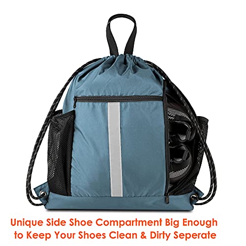 Image of BeeGreen Blue Sport Cinch Bag String Backpack with Shoe Compartment and Two Side Mesh Pockets Machine Washable Sturdy Gymsack Drawstring Sackpack