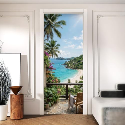 Image of Tropical Balcony Door Mural, Ocean View Door Cover, 30.3x78.7in
