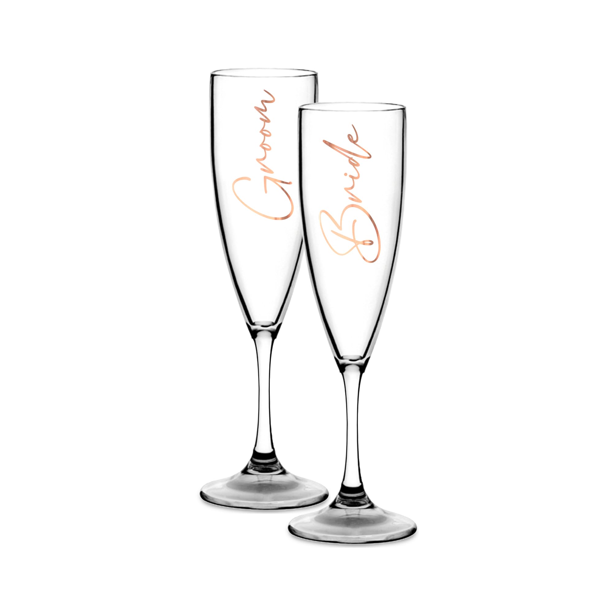 Print Maniacs Champagne Premium Clear Flute Glass Bride Groom Mr Mrs Wedding Maid Honour Wine Cocktail Prosecco Celebrations Gift (Copper, Bride + Groom Set)
