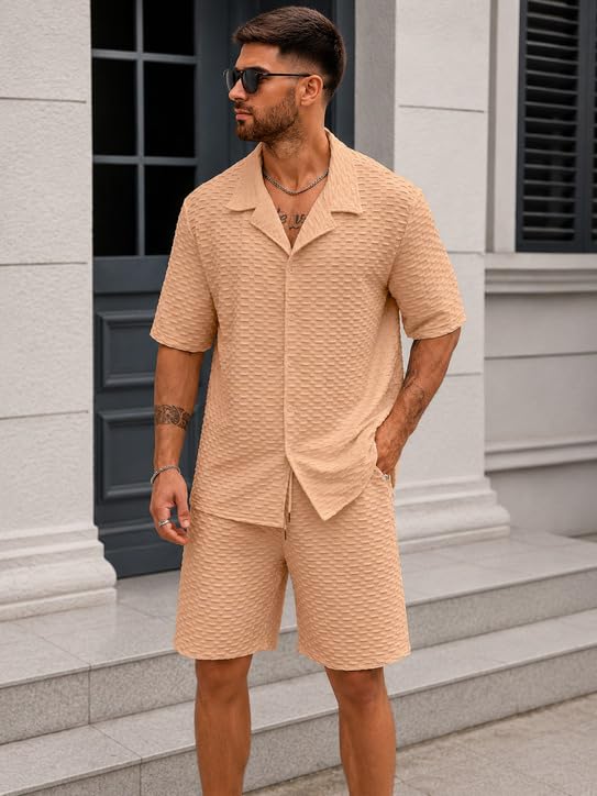 Image of Zilcon Men's Textured Co-Ord Set | Half Sleeve Cuban Collar Shirt & Shorts | Casual Summer Lounge Wear | Premium Matching Outfit