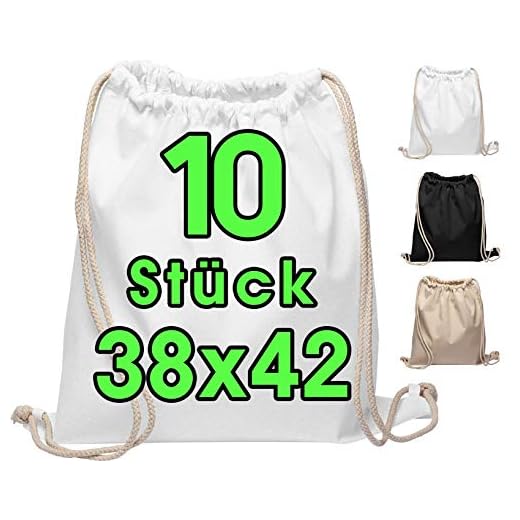 Baumwollbeutel 10 Stück 38x42cm Sportbeutel - Rucksack Stofftasche Turnbeutel Bag, Beutel, Jutebeutel OEKO-TEX® zertifiziert Stoffbeutel Einkaufsbeutel Gym Sac Sack zum bemalen Weiss