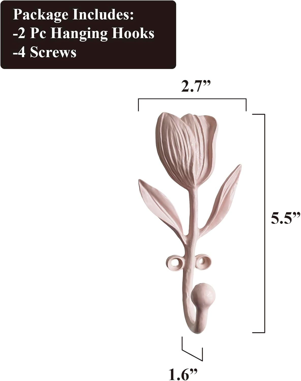 Pink Tulip Wall Hooks - Pack of 2 | Farmhouse Style | Easy Installation | Sturdy Metal Hooks for Clothes, Bags, Towels, Hats