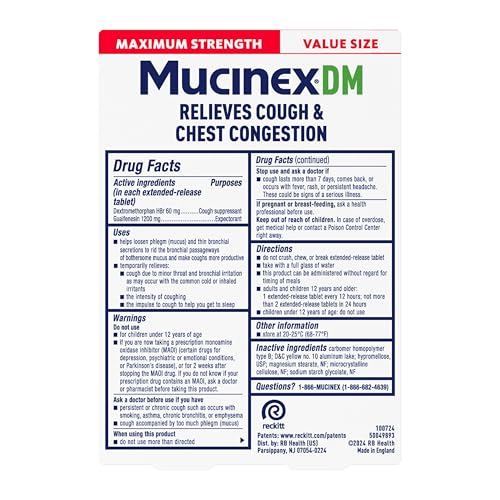 Mucinex DM 12Hr Maximum Strength Chest Congestion & Cough Medicine for Adults, Cold and Cough Medicine for Excess Mucus Relief, 1200 mg Guaifenesin & 60 mg Dextromethorphan HBr, 28 Bi-Layer Tablets - image 9