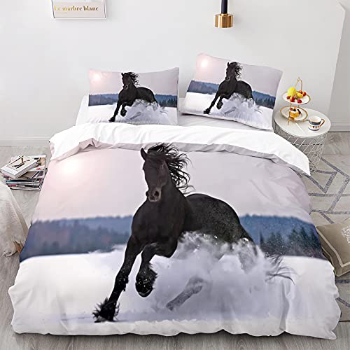 MBWLKJ Housse de Couette Cheval 3D Housse de Couette Soleil Neige Parure de Lit Cheval Housse de Couette 220x240 cm avec Fermeture éclair Fermée avec 2 Taies d'oreiller Cover