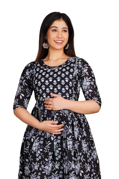 Women's Cotton Long A-Line Maternity Kurti/Anarkali Dress with Zipper, Feeding Kurti for Pre and Post Pregnancy-image-40