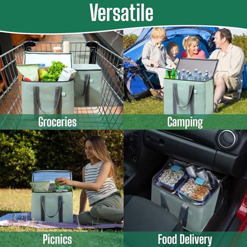 Image of VENO 2 Pack Insulated Grocery Bags, Hard Bottom, Light Green | Heavy Duty, Water-Resistant, Reusable Shopping Bags, Foldable, Zippered, Easy Clean, Food Delivery, Grocery Shopping, Picnic
