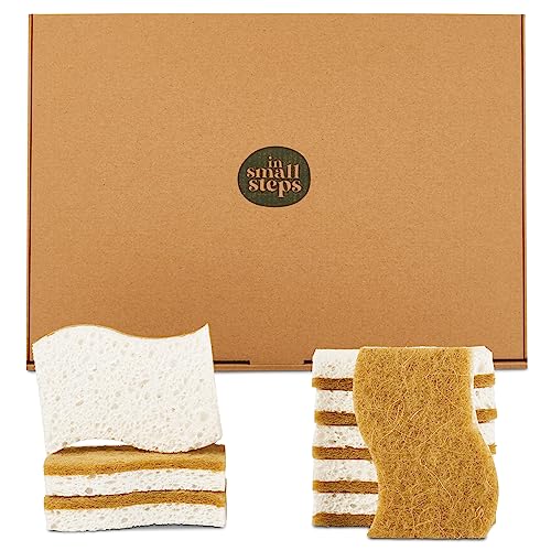 En Pequeños Pasos – Esponjas Lavavajillas Ecológicas para Lavar, Paquete de 9 Esponjas de Celulosa y Cáscara de Coco Biodegradables con Estropajo, Limpieza de Cocina Compostable en Forma de S