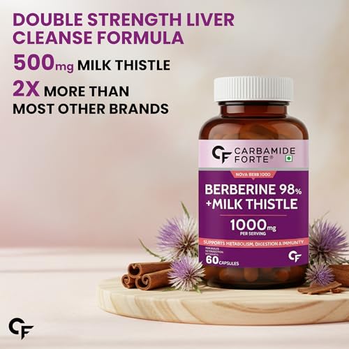 Image of Carbamide Forte 98% Berberine supplements with Milk Thistle | 1000mg Berberine HCl per Serving for Metabolism, Digestion, Liver Detox & Immunity Support | High Potency Berberine HCl - 60 Veg Capsules