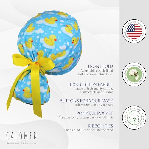 Image of Scrub Cap for Women and Men, Ponytail Scrub Caps, Working Hat, Head Cover with Ribbon Ties and Buttons, Long Hair