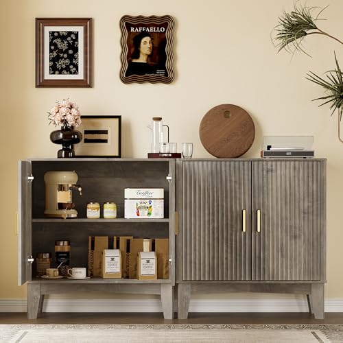 Image of BORNOON Storage Cabinet with Doors and Adjustable Shelf, Modern Fluted Sideboard Buffet Cabinet, Freestanding Coffee Bar for Kitchen, Pantry, Entryway, Living Room (Weathered Gray)