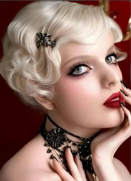 Short Blonde Finger Wave Wig for Women 1920s Curly Synthetic Flapper Wig Heat Resistant Side Part Vintage Cosplay Costume Hair Wig