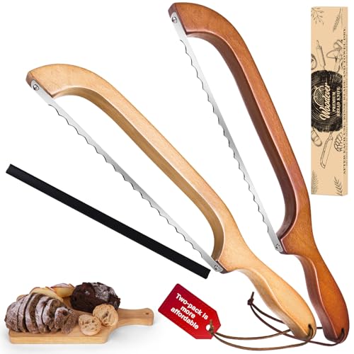 Woodever Bread Knife, 2 Pack Bread Slicer for Homemade Bread, 16'' Wooden Sourdough Bread Knife with Bow Design, Premium Stainless Steel Serrated Bread Cutter for Bagels and Baguettes