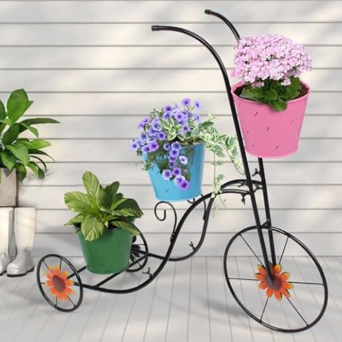 CIXIZUIJIA Bicycle Planter Flower Stand With Buckets - Flower Display Stand for Patio Deck Garden Lawn - Outdoor Flower Pots Stand Plant Accessories （Black） Cover