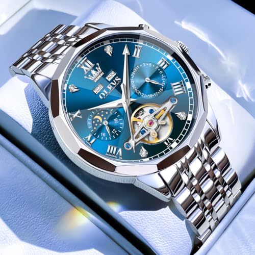 Image of OLEVS Watch for Men Automatic Classic Mechanical Watch Diamond Mirror Stainless Steel Dress Casual Waterproof Day /Date Calendar