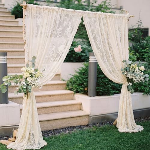 Image of HunnmingRe Wedding Arch Draping Fabric Summer 2 Panel 30 inch X18ft Lace Wedding Arch Drapery Embroidered Boho Rustic Backdrop Vintage Decor for Bridal Shower Church Ceremony Decoration(Ivory White)