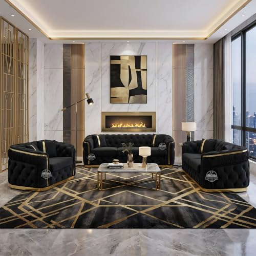 Image of Royal Carved Wooden Sofa Set | 3+1+1 Seater | Antique with Button Tufted Velvet Upholstery | Victorian Style Living Room Furniture Tufted Sofa Set Grey 3-Piece (Design 17)
