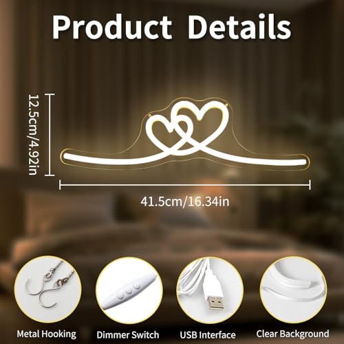Image of Double Heart Neon Signs for Wall Decor Twin Hearts Led Sign Dimmable Warm White Neon Heart Sign Love Decorations for Girls Minimalist Bedroom(16.3 inchx 4.33 inch)