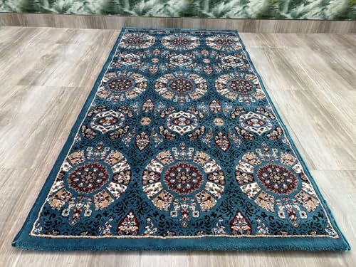 Image of Premium Runner Carpet, Vintage Medallion Pattern, Non Slip, Thick, Ideal for Bedroom, Living Room & Entryway, 3x5 Feet Teal Multi Color