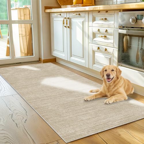 Alfombra de Cocina Antideslizante Alfombra de Pasillo de Poliester Tapete Cocina Alfombra de Pasillo Larga Felpudo Grande Alfombra Cocina Lavable para Pasillo Cocina Habitación 50 x 150 cm Beige