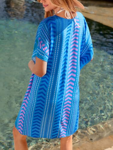 CUPSHE Swimsuit Coverup for Women V Neck Geometric Elastic Waist Short Sleeve Beach Cover Ups Sundress2