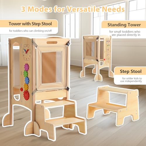 Toddler Tower Foldable Toddler Kitchen Stool Helper with 2 Step Stool, Safety Net, Adjustable Height, Chalk-Whiteboard& Montessori Activity Games - Image 4