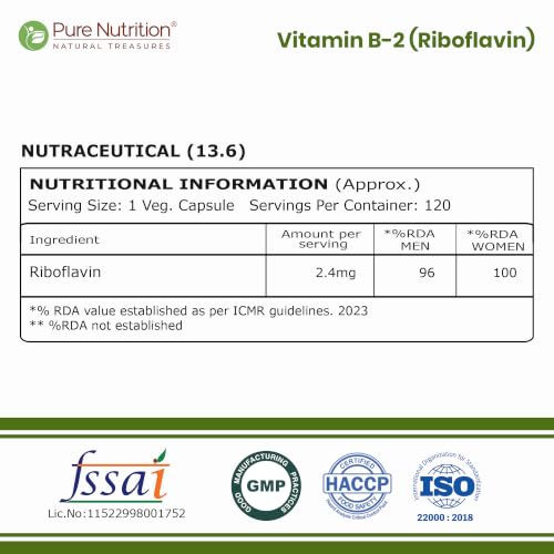 Image of Pure Nutrition Vitamin B2 (Riboflavin) 2.4mg Capsules | Vitamin B2 Supplement for Energy, Eye & Nervous System Support | Supports Healthy Metabolism & Daily Wellness | 120 Veg Capsules