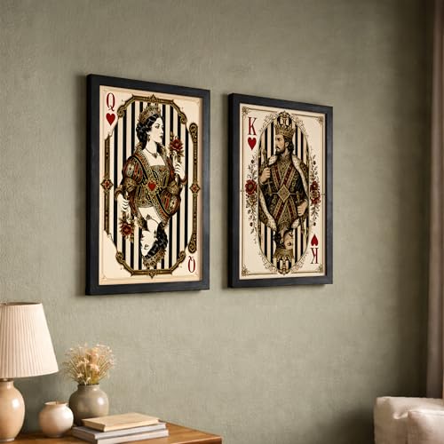 Image of NoWorries Vintage King & Queen of Hearts Playing Card Wall Art Set of 2, Framed Casino Card Prints, Royal Couple Gothic Decor, Poker Room Wall Decor, Antique Victorian Playing Card Artwork for Game Room (Art-12, 13x19inch)