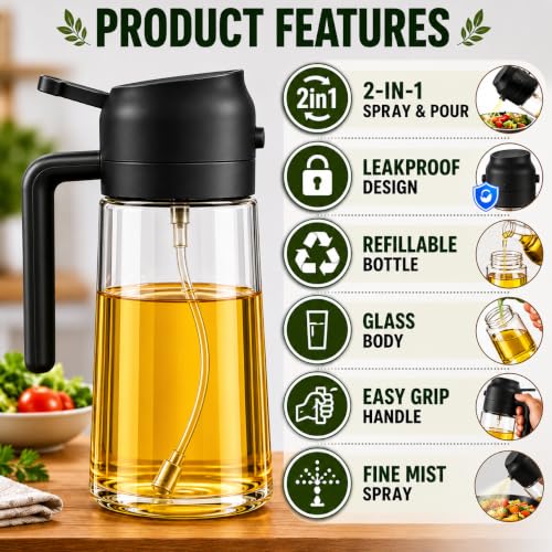 Image of 2-in-1 500ml Glass Oil Dispenser & Spray Bottle | Oil & Vinegar Sprayer for Cooking, Air Fryer, Salad & Kitchen Use | Leakproof, Refillable, Black