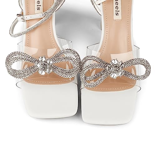 Image of Zzheels Double Bowknots Crystal Clear Heels Strappy Sandals | Clear Slingback Heels, Sparkly Rhinesotne Bow, Square Toe, Party, Dating