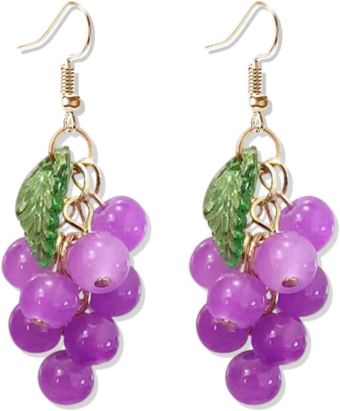 3D Green Grapes Drop Earrings Cute Fruit Pink Peach Acrylic Gold Dangle Earrings for Women Charm Jewelry Gift