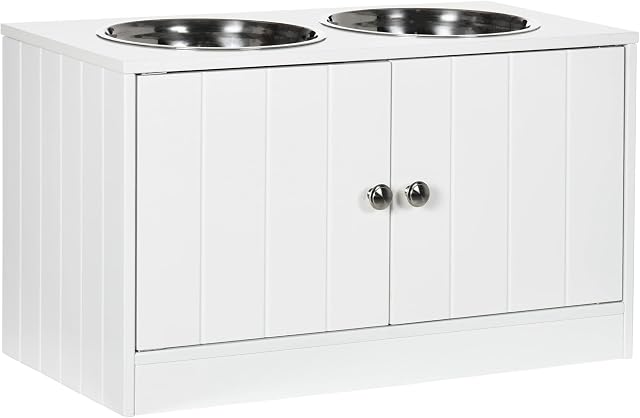 PawHut Raised Dog Bowls for Large Dogs Pet Feeding Station w/ Stand, Storage, Two Stainless Steel Bowls - White