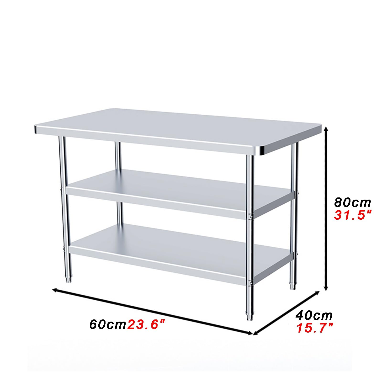 Tavolo da lavoro commerciale in acciaio inox, resistente, 3 ripiani, con angoli arrotondati, impermeabile e antiruggine, altezza 80 cm, ideale per cucina e ristorazione