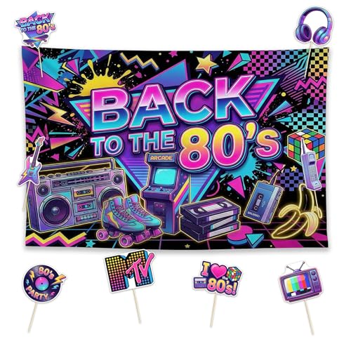 Allenjoy Back To 80S Party Birthday Decorations Set - 9 Piece Kit with 59"x35" Backdrop, 2 Headbands, 8 Photo Booth Props, Supplies, Favors for Men Women Boyfriend GirlFriend Wife Husband Decor
