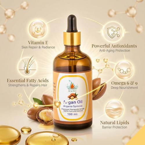 Image of KUNJ Argan Oil 100ml | 100% Pure & Natural Cold Pressed Moroccan Argan Oil | Undiluted Oil for Hair Nourishment, Skin Hydration, Face Care & DIY Beauty Use