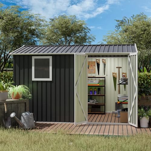 KEIKI 9x6 FT Metal Storage Shed with Window Large Outdoor Backyard Shed for Tools & Equipment Durable Galvanized Steel Garden Shed for Patio or Tiny House Use Gray