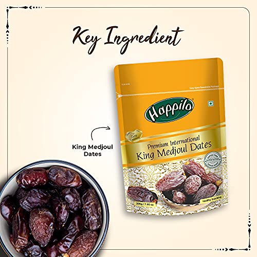Image of Happilo Premium International King Medjoul Dates 200g | Khajur, Khajoor | Dry Fruits | Dates in Fresh | Healthy Snacks | Dry Dates | Soft Chewy Texture | Sweet Caramel Taste (Pack of 3)
