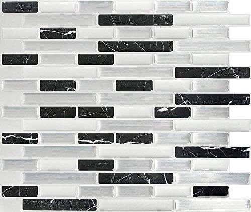 Peel and Stick Tile for Kitchen & Bathroom Backsplash, DYI Self Adhesive Decorative Wall Tile Black Marble, White, Silver, Gray, Shine Design 8-Sheet Set 11"X9.25"