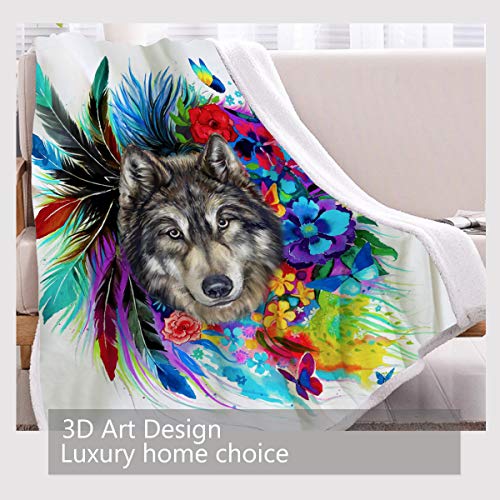 Blessliving Wolf Throw Blanket Ultra Plush Boho Wolves Fleece Blanket For Kids Girl Adults Colorful Flowers Feather Print Couch Throws Thick Blankets Fluffy Sherpa Bed Cover (50 X 60 Inches) #TOP2