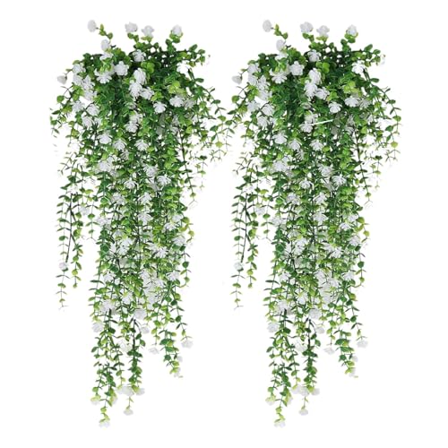 Hitburu Plantas Colgantes Artificiales - 2 Unidades Enredadera Eucalipto Falsa,Decoración Realista Resistente a UV para Interior Cocina Dormitorio Baño Jardín Terraza Hogar Bodas