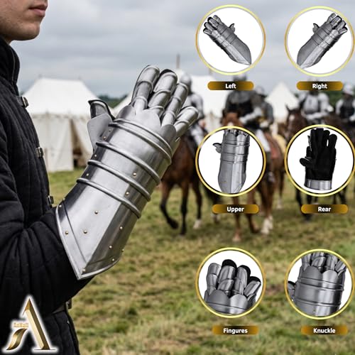 Image of AnNafi Armor Gauntlets Steel Gloves w Brass Accents Armor Pair, Medieval Knight Costume, Warrior Metal Gauntlet (STYLE 3)