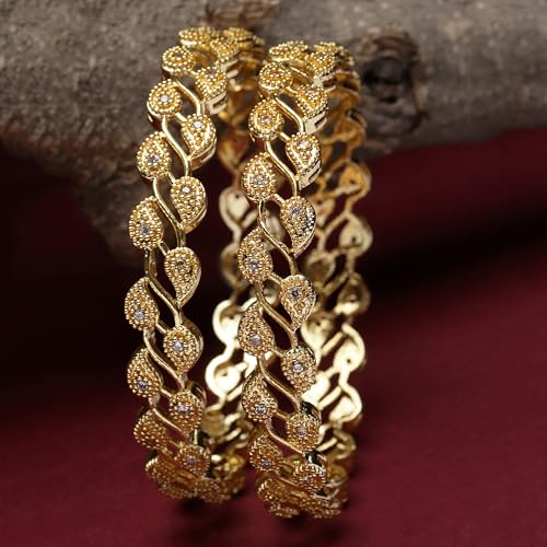 Image of ZENEME Leaf Shaped American Diamond Gold Plated Bangles Jewellery For Women & Girls