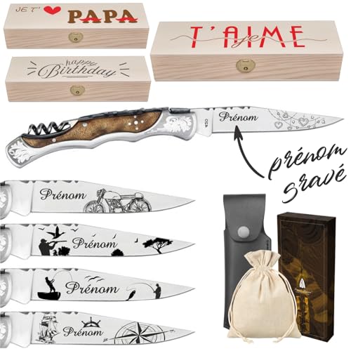 Gravure Events - Couteau de Marque Laguiole Bougna personnalisé avec prénom gravé - Cadeau pour homme : fête des pères, papa, tonton, grands pères (papi,...