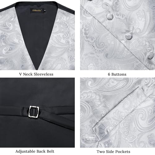 Image of DiBanGu Mens Paisley Suit Waistcoat,Silk Dress Vest and Bowtie Pocket Square Cufflinks with Lapel Pin Set for Wedding Tuxedo