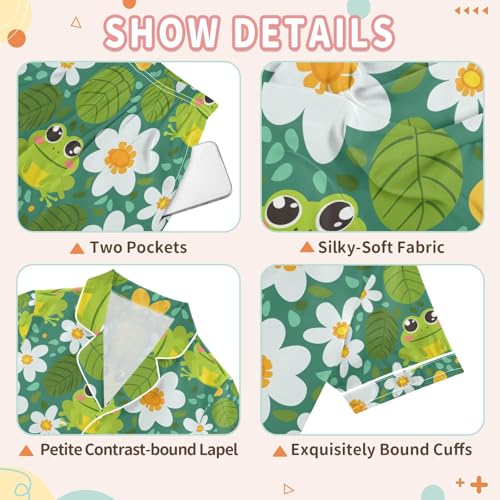 senya Cute Frog Flower with Leaf Satin Summer Pajama Sets Silk Short Sleeve Button Down Sleepwear3